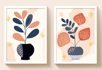 Obraz premium Abstract art posters wall art decor set, happy cheerful minimalist design, minimal boho print floral in jar, leaves, floral, jar, 