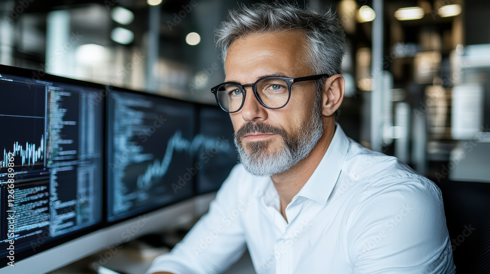 Poster successful entrepreneur working late with multiple screens displaying data
