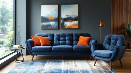 Dark blue sofa and recliner chair in Scandinavian apartment. Interior design of modern living room.
