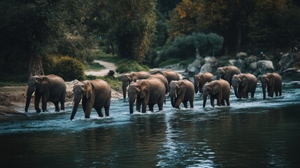 Obraz premium A Majestic Herd of Elephants Crossing a River in a Lush Green Landscape