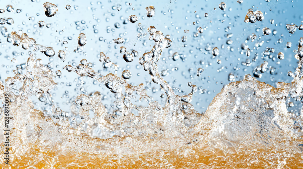 Poster stunning macro shot of water droplets splashing against blue background, creating dynamic and
