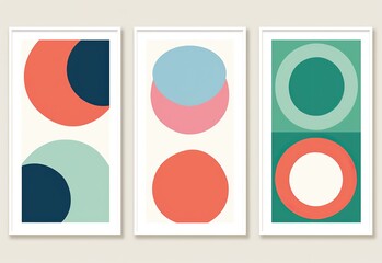 Abstract art posters wall art decor set, happy cheerful minimalist design, geometric shape pink green blue color 