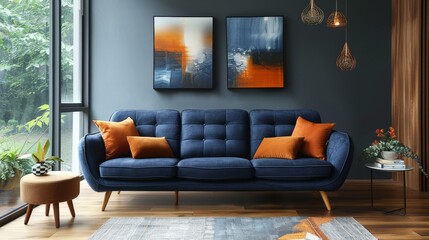 Dark blue sofa and recliner chair in Scandinavian apartment. Interior design of modern living room.