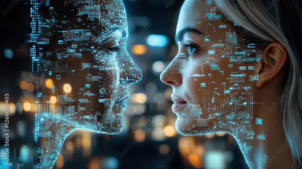 Poster surreal representation of humans merging with artificial intelligence, showcasing blend of