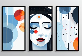 abstract, happy, cheerful, minimalist, design, face,  Abstract art posters wall art decor set, happy cheerful minimalist design, abstract face artful design in bright blue red 