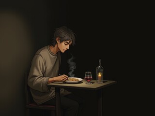 Young Man Eating Noodles at Table with Wine and Candle