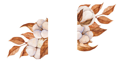 Hand drawn watercolor cotton branches with flowers and brown dry leaves. Template with space for text. Vintage botanical style. Ideal for invitations, packaging, textiles, prints, decor
