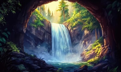 Majestic waterfall cascading through rocky archway in serene forest landscape