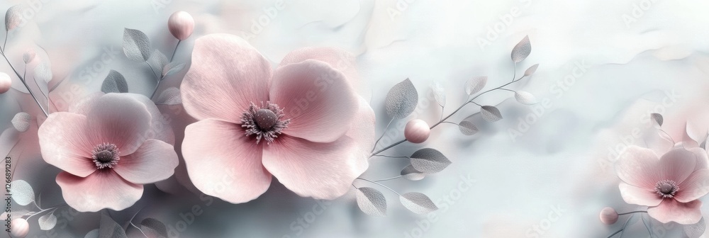 Poster delicate pink flowers with soft leaves create a serene background design in a light pastel setting. 