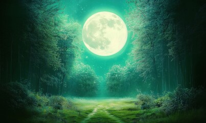 Fototapeta premium Enchanting moonlit forest path illuminated by a large glowing moon