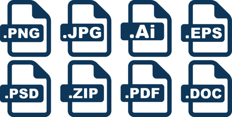  file format icons set. file download symbols. Format for texts, images, vector images, videos, interactive forms - stock vector.