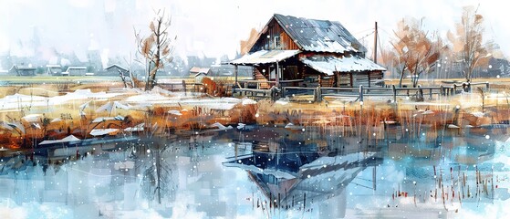  artful illustration, wooden cabin in snow forest , oil painting style