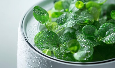 Close-up of green leaves with water droplets, symbolizing the refreshing and clean environment created by an air purifier.