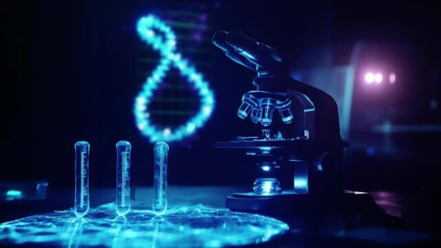 Microscope and DNA double helix in medical laboratory science background