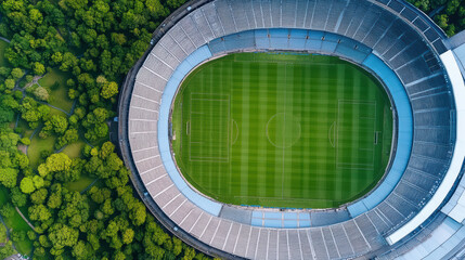 Aerial view of large sports stadium surrounded by greenery, showcasing field