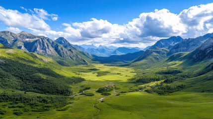 Fototapeta premium Aerial view of picturesque mountain range with lush green valleys and blue skies