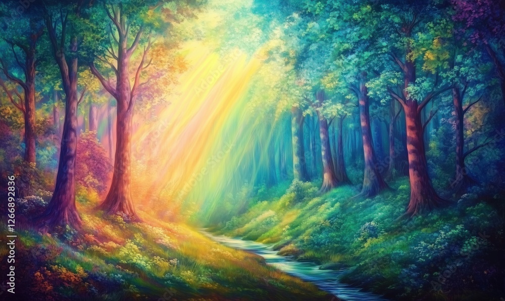 Poster vibrant forest scene with colorful rays of light and a serene stream