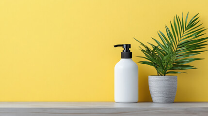 Brightly colored cosmetic bottle with plant on wooden shelf