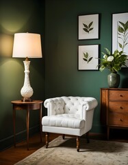 A white tufted armchair in a dimly lit room with green walls, a wooden side table, and two table lamps with white shades