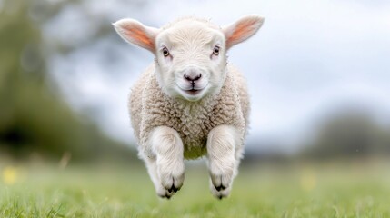 Obraz premium Adorable lamb leaping in a field. Possible use for children's books or greeting cards