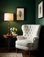 A white tufted armchair in a dimly lit room with green walls, a wooden side table, and two table lamps with white shades
