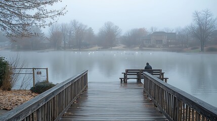 Naklejka premium Man sits on foggy lake dock, suburban houses background; tranquil scene