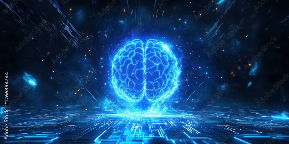 Poster futuristic glowing blue brain with digital circuitry background representing artificial intelligence