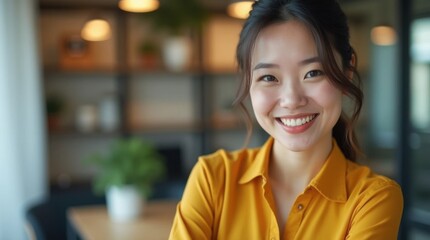 Obraz premium Smiling Vietnamese HR Specialist in Mustard Yellow Blouse