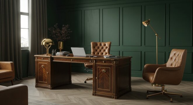 Edler B&uuml;roschreibtisch aus Holz mit Laptop und Stuhl in einem stilvollen gr&uuml;nen Raum mit dekorativen Elementen