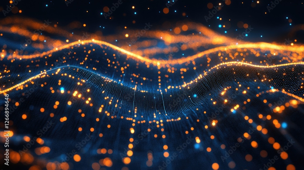 Poster an abstract d scatter plot with glowing data points on a dark background, emphasizing data relations