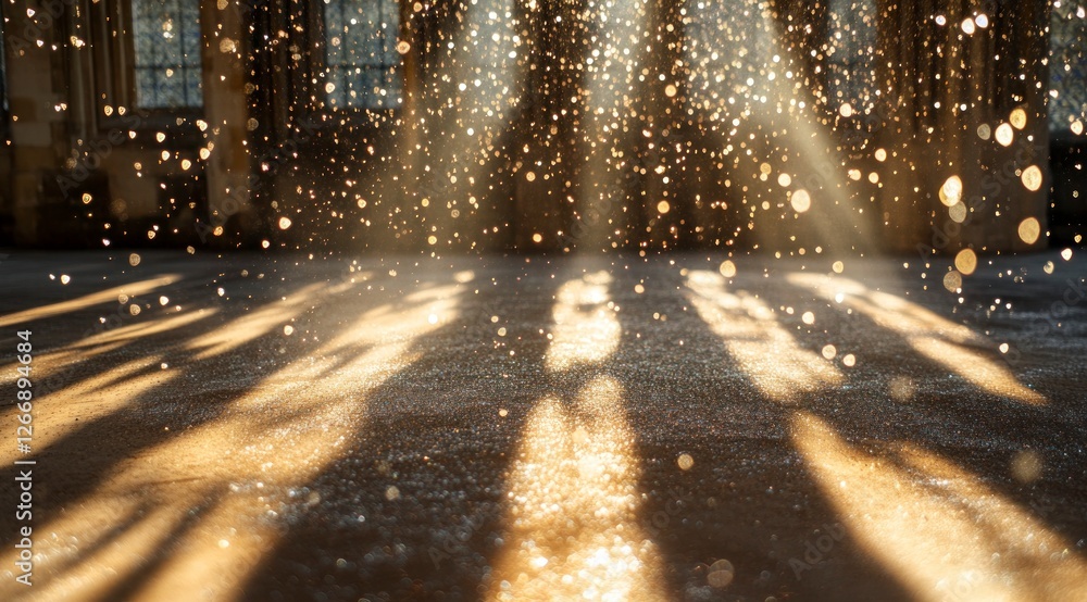Poster golden light shines down from the top left corner of an abstract background, grainy effect with part