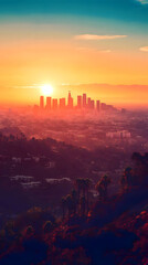 Los Angeles Skyline Sunset Panorama: Golden Hour Cityscape