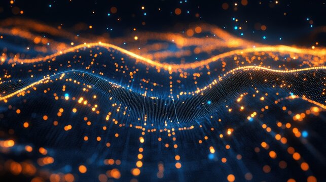 An abstract D scatter plot with glowing data points on a dark background, emphasizing data relationships and trends in scientific research or data science.