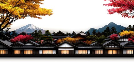 Fototapeta premium Serene autumn landscape featuring traditional Japanese houses with vibrant foliage and mountains