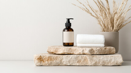 Rustic cosmetic bottle on stone with towel and dried grass decor