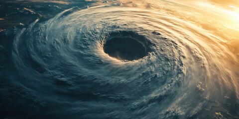 Aerial view of swirling storm clouds forming a massive vortex over the ocean at sunset