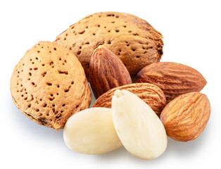 Pile of different almond nuts isolated on white background. File contains clipping path.