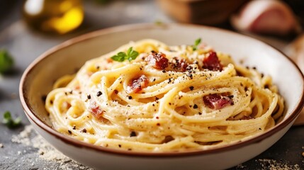 An elegant bowl of spaghetti carbonara, featuring creamy sauce, crispy pancetta, and a sprinkle of black pepper, illustrating the indulgence of Italian cuisine.