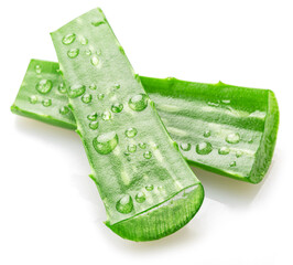Fresh cuts of aloe Vera leaf covered with water drops isolated on white background.
