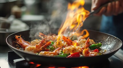 An engaging scene of a chef skillfully searing seafood in a hot pan, with vibrant vegetables sizzling alongside, illustrating the art of creating exquisite dishes.