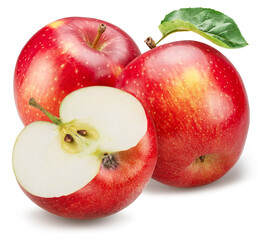 Ripe red apples with yellow spots and apple slice on white background. File contains clipping path.