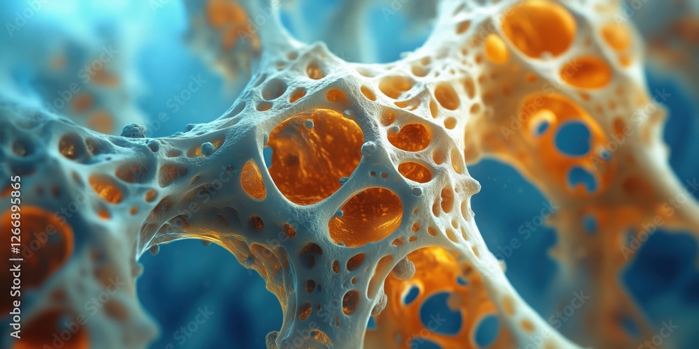 Poster microscopic view of intricate cellular structure with orange highlights and blue background