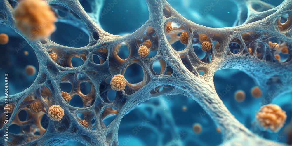 Poster microscopic view of cellular structures showcasing intricate network and particles