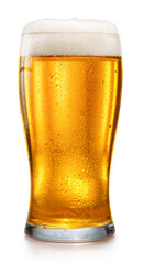 Glass of chilled light beer with beer foam head isolated on white background. Clipping path.