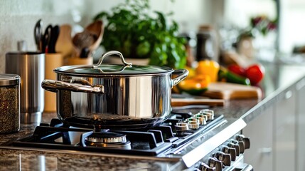 An inviting kitchen scene featuring a shiny stainless steel pot on the stove, with ingredients prepared and ready to cook, emphasizing the joy of culinary creation.