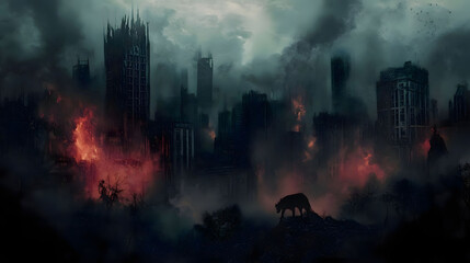 Post-Apocalyptic Cityscape: A Lone Wolf Amidst Ruins