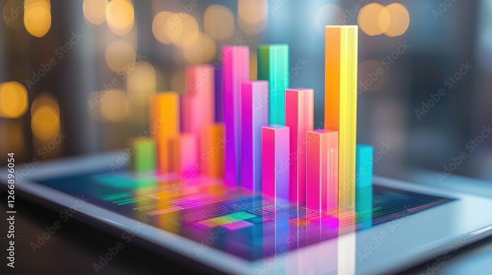 Aufkleber a d bar chart in vibrant colors emerging from a tablet screen, symbolizing modern data analytics and