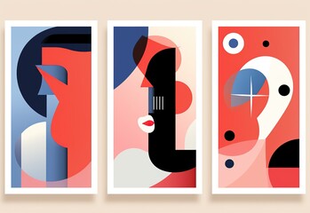 Abstract art posters wall art decor set, happy cheerful minimalist design, abstract face artful design