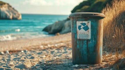 Naklejka premium An outdoor trash bin near a beach, with a clear sign reminding people to dispose of their waste properly to protect marine life and the environment.