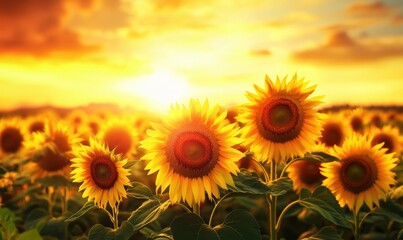 Obraz premium Vibrant sunflower field at sunset with golden hues and bright blooms